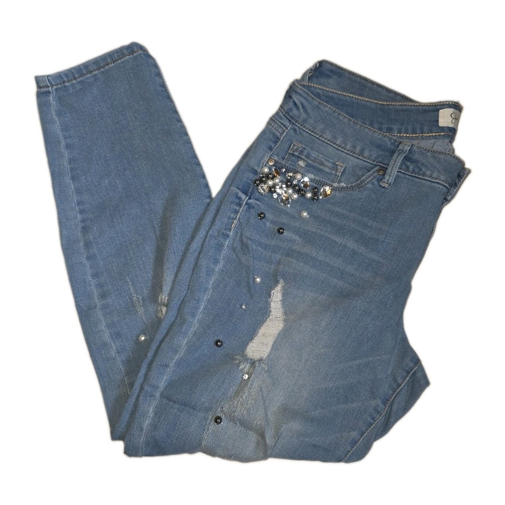 Jessica Simpson Kiss Me Ankle Skinny Jeans  Distressed Rhinestone Stretch SZ 30